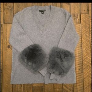 Saks Fifth Avenue Gray Faux Fur Cuff Women's Sweater